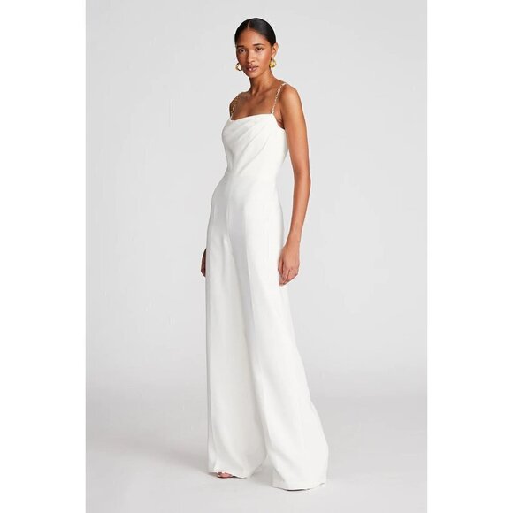 HALSTON Brea Ruched Chain-strap Crepe Jumpsuit in Chalk Size US 4 - Picture 11 of 13
